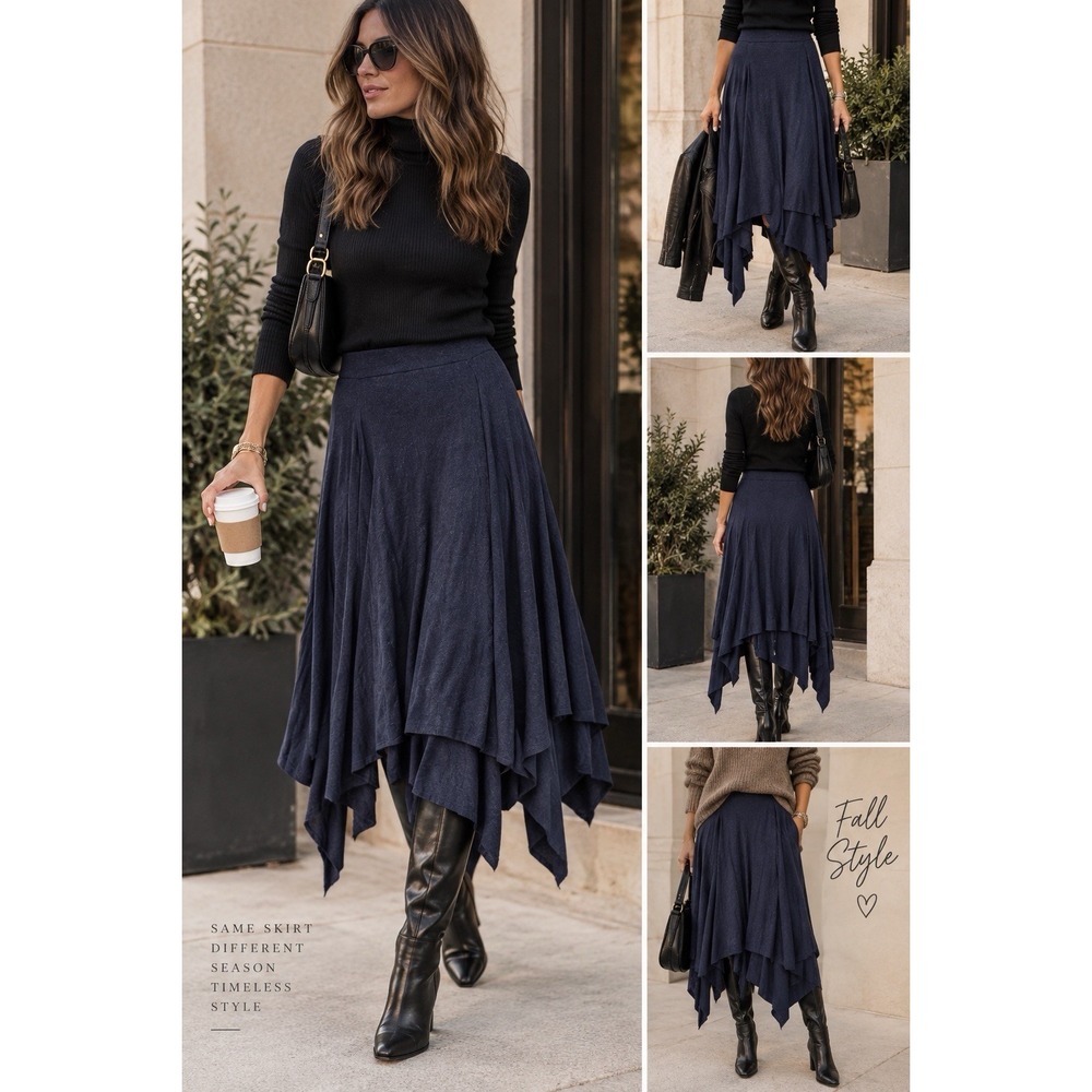 Philosophy Asymmetrical Peasant Festival Boho Midi Skirt Navy Blue Size M Rayon